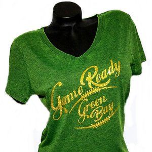 Green Bay Packer~Game Ready!Green V-Neck with Shiny Lettering.